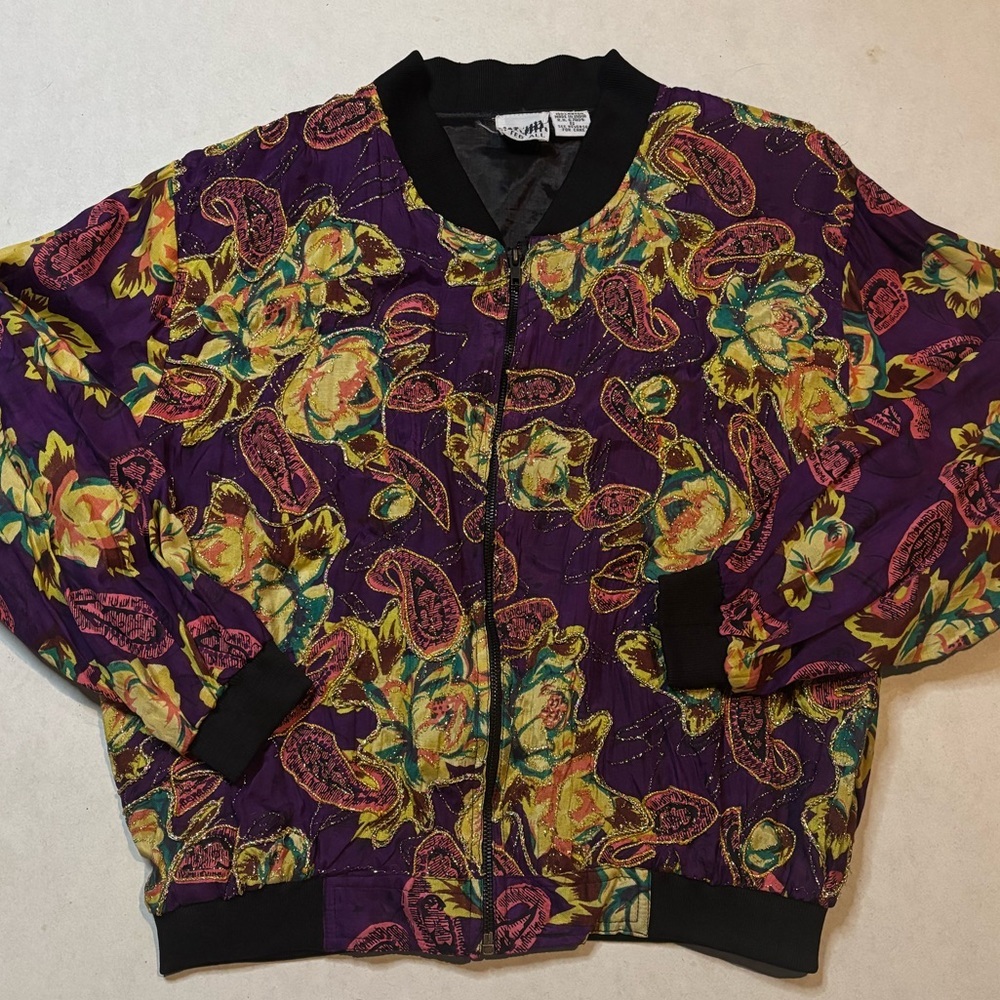 After All Vintage Floral Paisley Lightweight Jacket Purple Metallic Small 90s - Picture 2 of 9